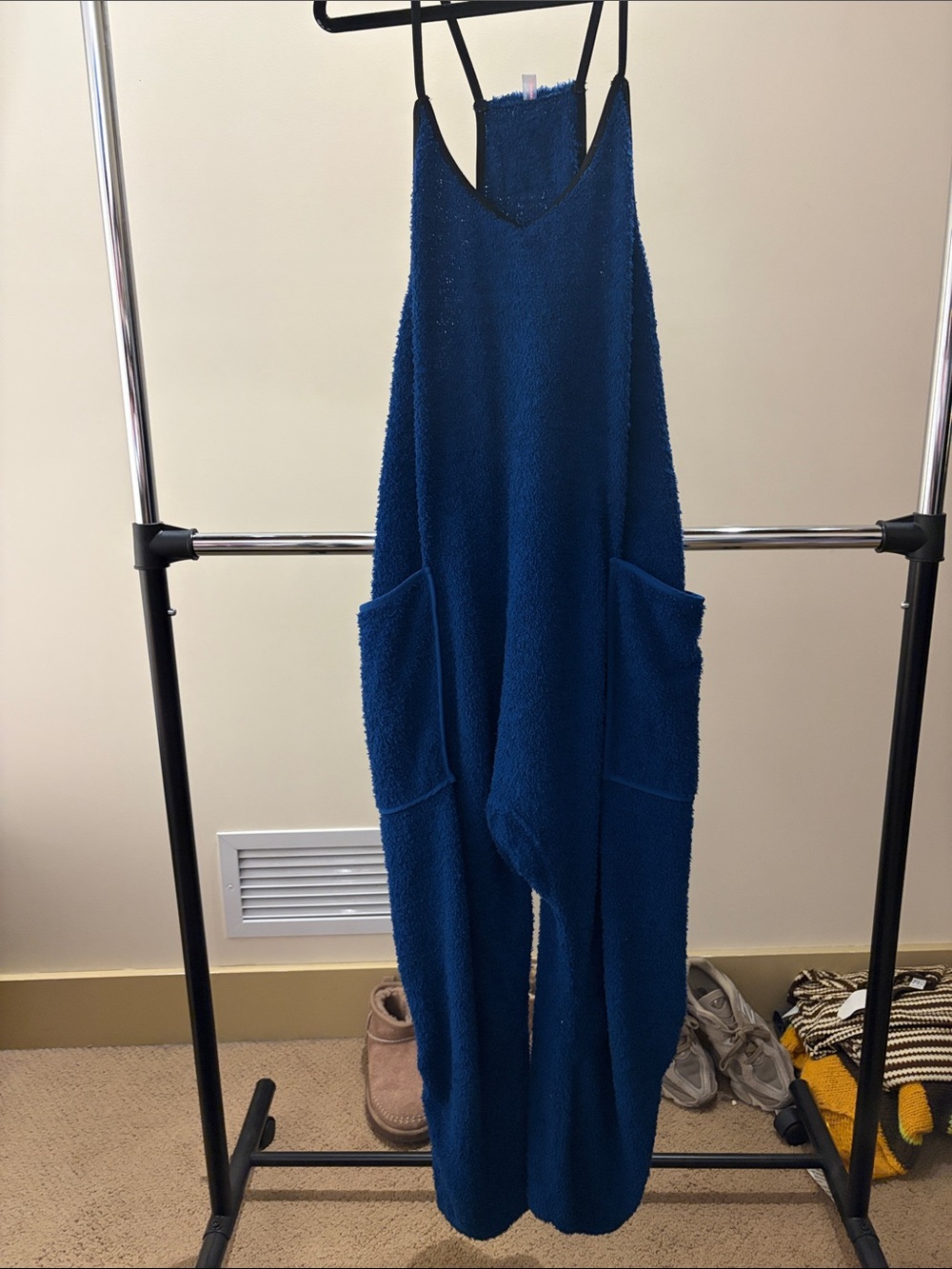 Free People Deep Blue Textured Sleeveless Jumpsuit with Pockets